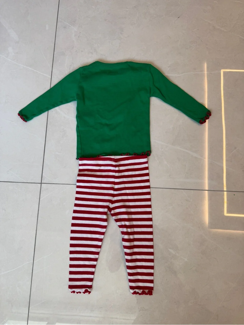 Sara's Prints Green Santa Top with Red & White Stripe Pajama Pants